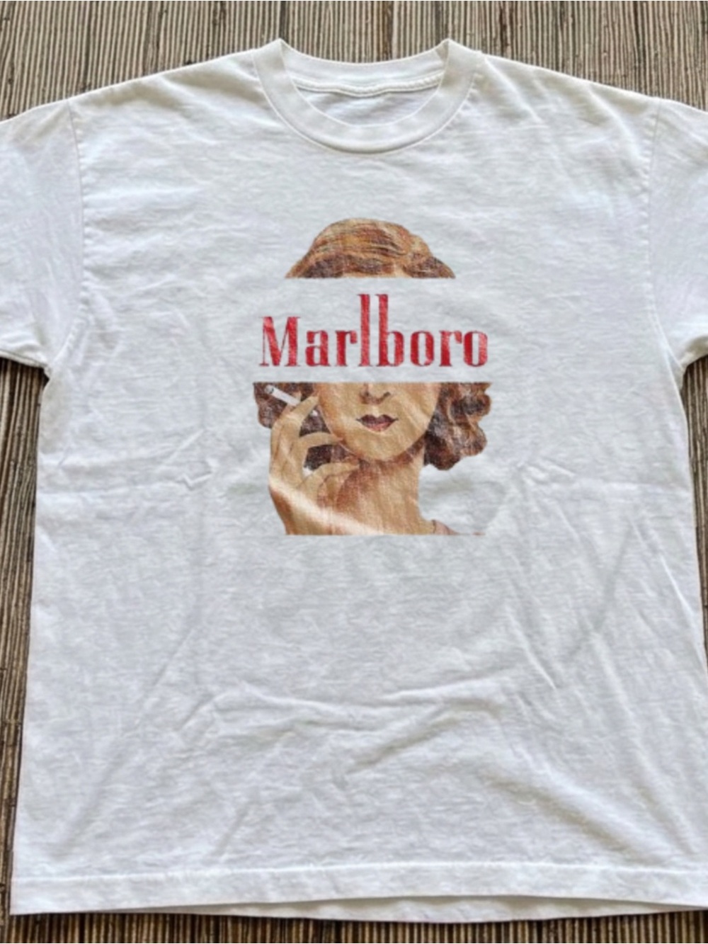 Gildan White Tee with Red Marlboro Graphic and Brown Portrait